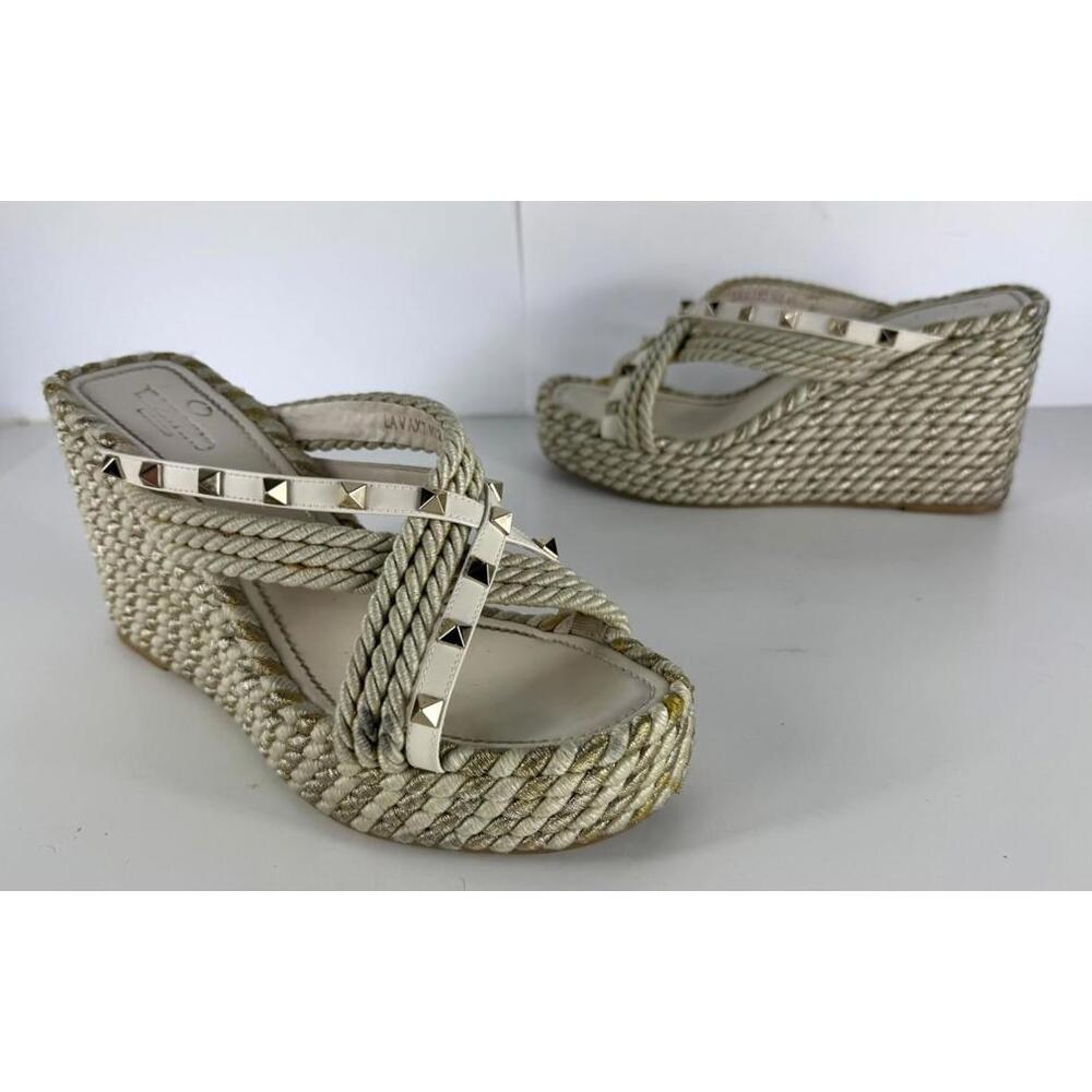 Valentino Rockstud Torchon Espadrille Ivory Striped Wedge Sandal EU 41 US 11